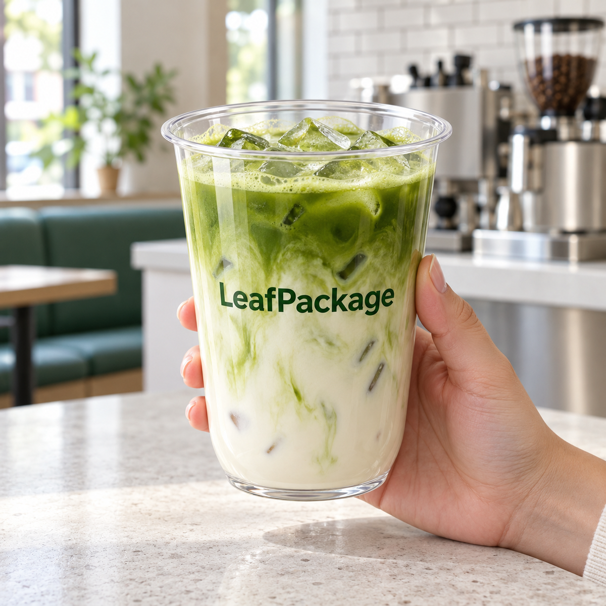 Custom U-Shaped PP Plastic Cups - 95mm: LeafPackage logo printing in a cafe (AI-generated illustration)