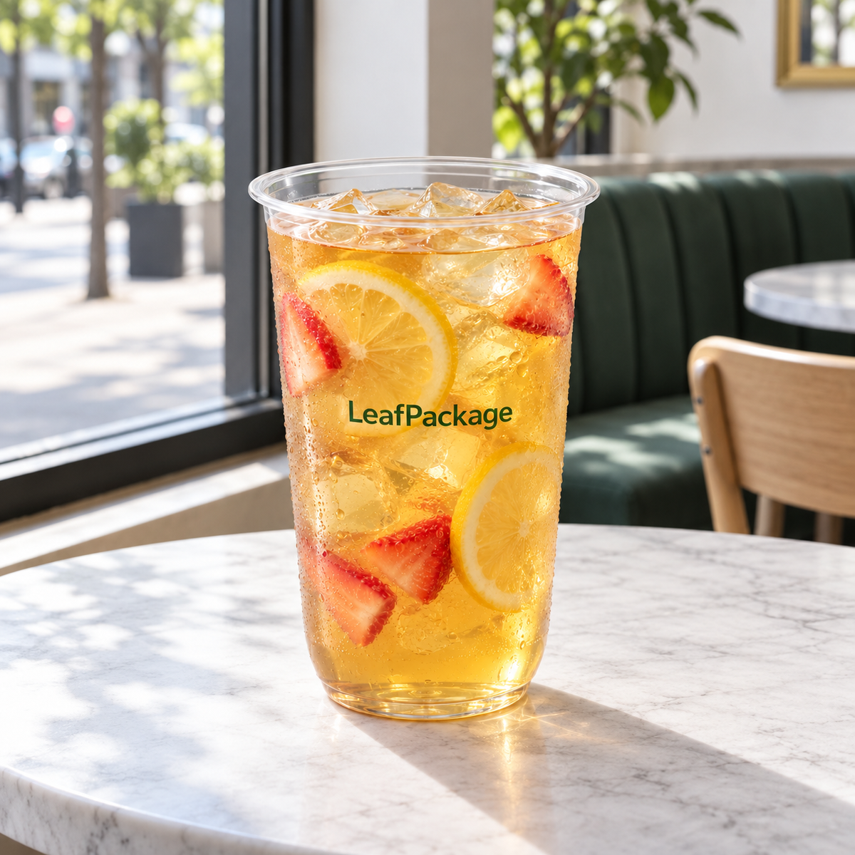 Custom U-Shaped PP Plastic Cups - 95mm: LeafPackage cold drink lifestyle scene (AI-generated illustration)