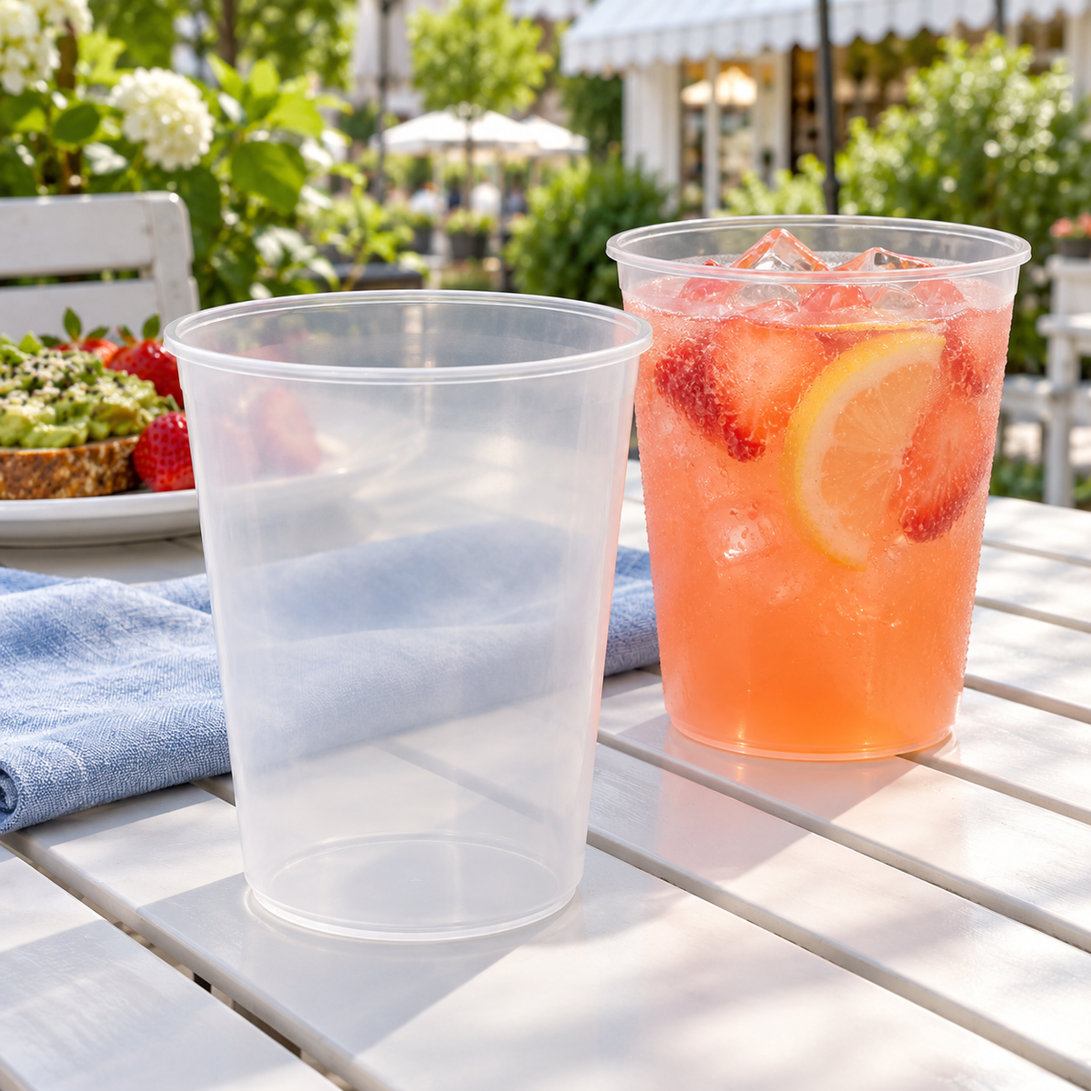 Blank Flat-Bottom Stadium Cups - 95mm | Ready to Ship; AI-generated lifestyle illustration, drinks and props not included