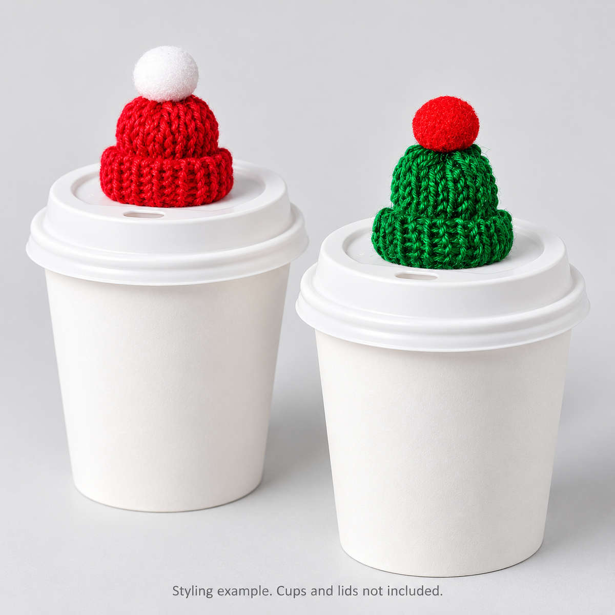 Mini Christmas Hats for Coffee Cups - Assorted Packs: on-cup styling example; cups and lids not included