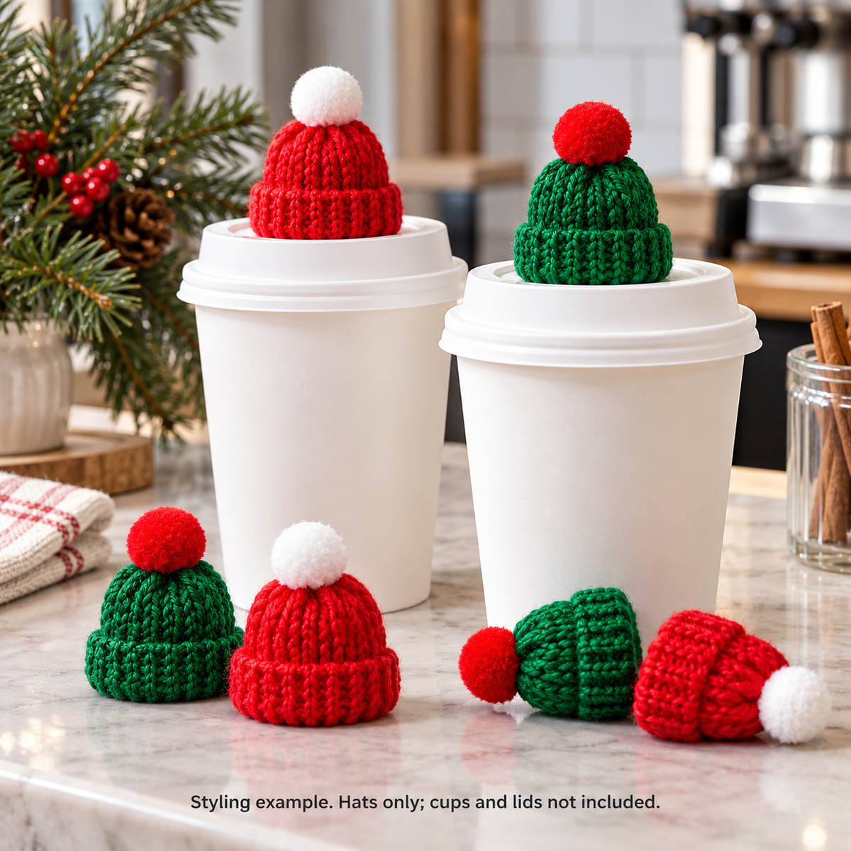 Mini Christmas Hats for Coffee Cups - Assorted Packs: cafe styling example; cups and lids not included