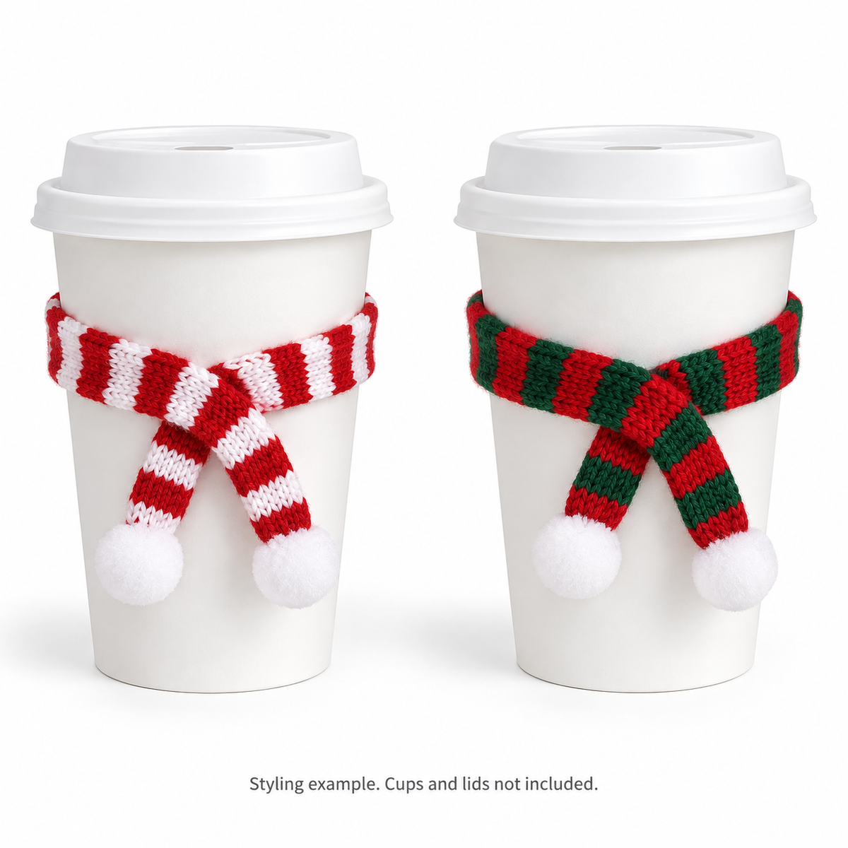 Mini Christmas Scarves for Coffee Cups - Assorted Packs: on-cup styling example; cups and lids not included