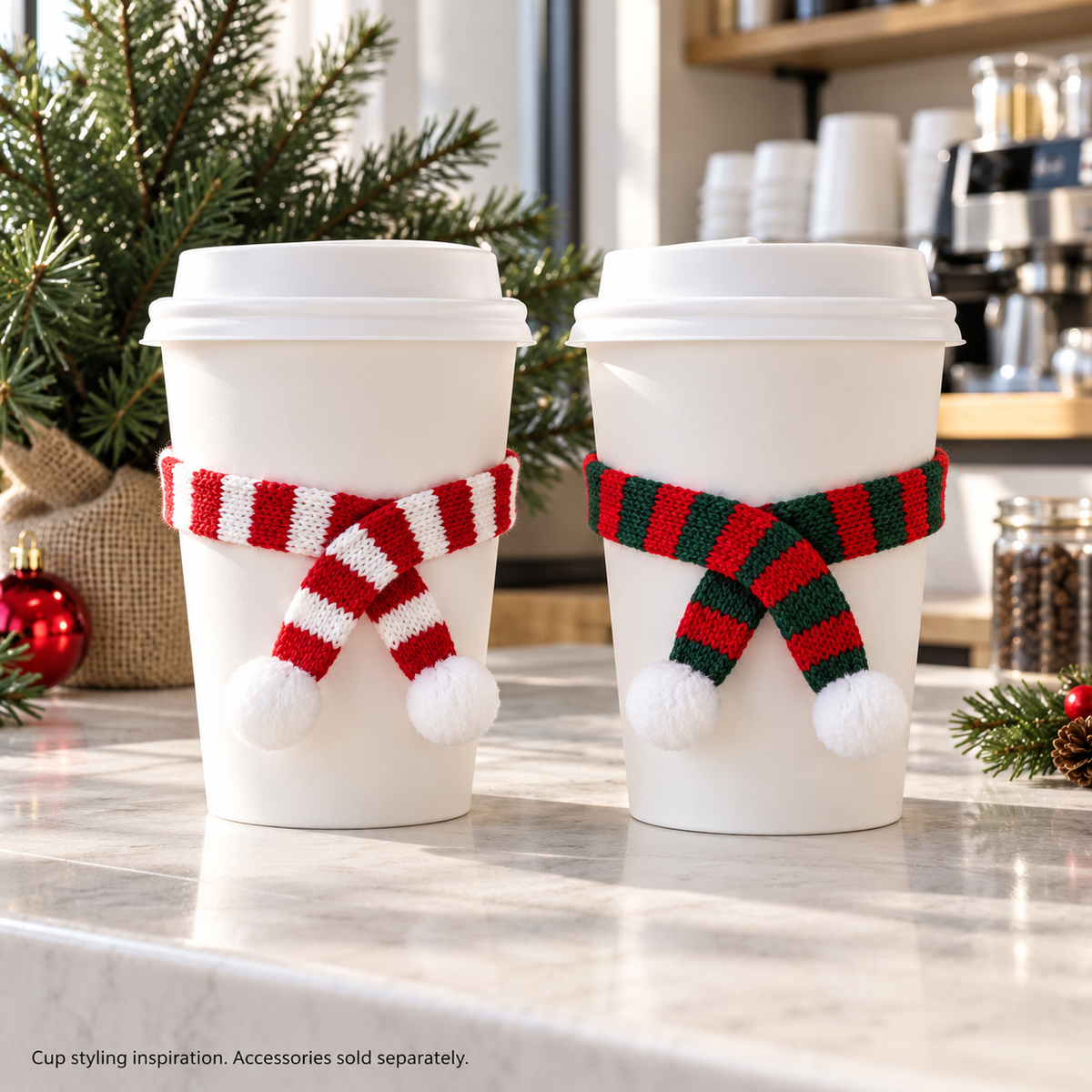 Mini Christmas Scarves for Coffee Cups - Assorted Packs: cafe styling example; cups and lids not included