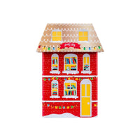 Red Christmas house candy tin front view