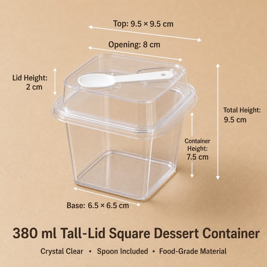 Custom Clear Square Dessert Containers with Tall Lid and Spoon