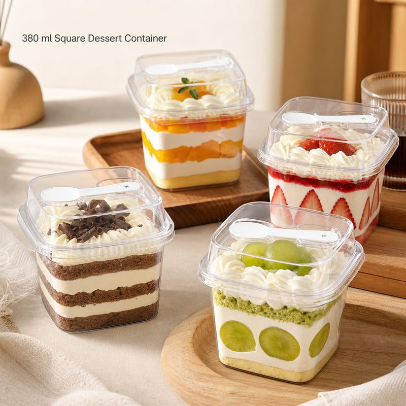 Custom Clear Square Dessert Containers with Tall Lid and Spoon
