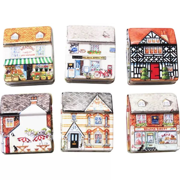 Mini village shop tin collection