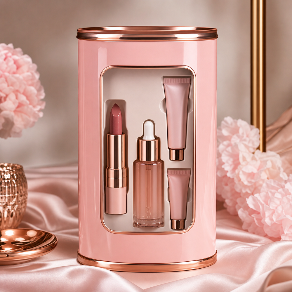 Custom pink window tin can for cosmetics