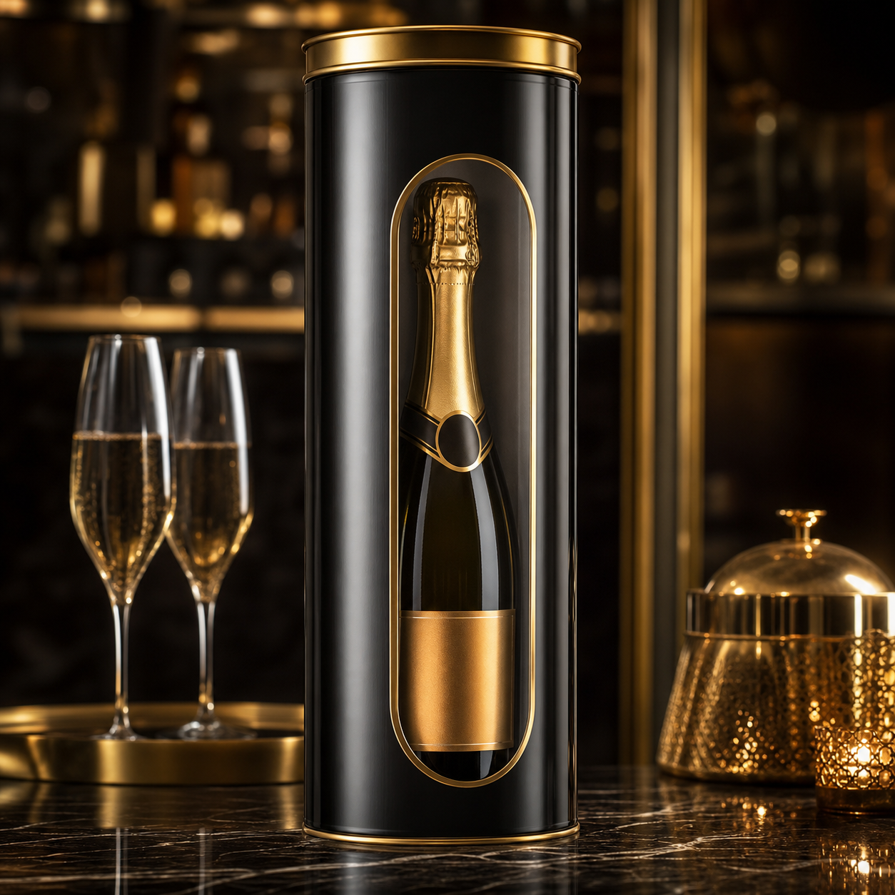 Custom black window tin can for wine and champagne