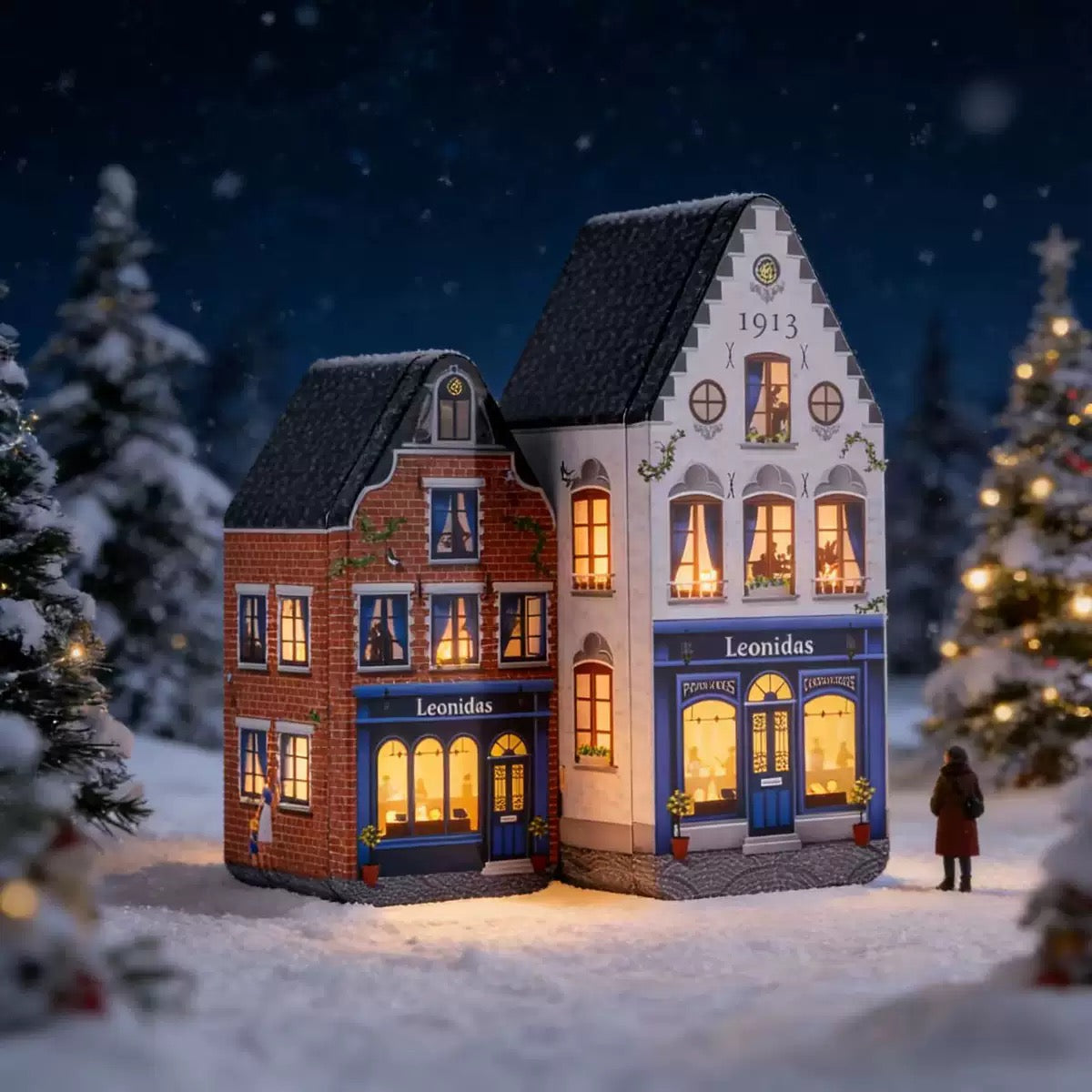 Winter village holiday house tins scene