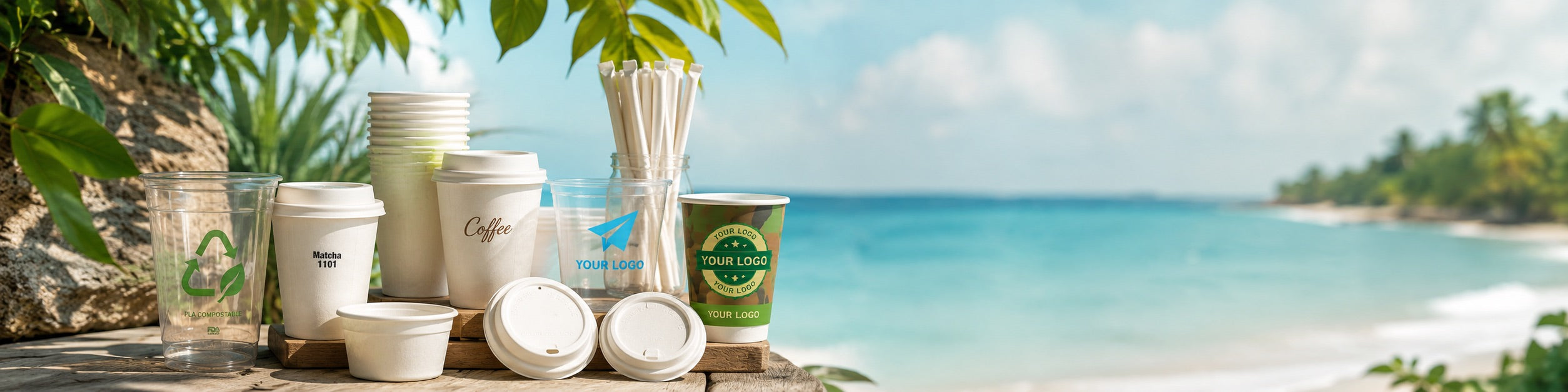 Custom compostable PLA cups, sugarcane fiber cups, lids and straws