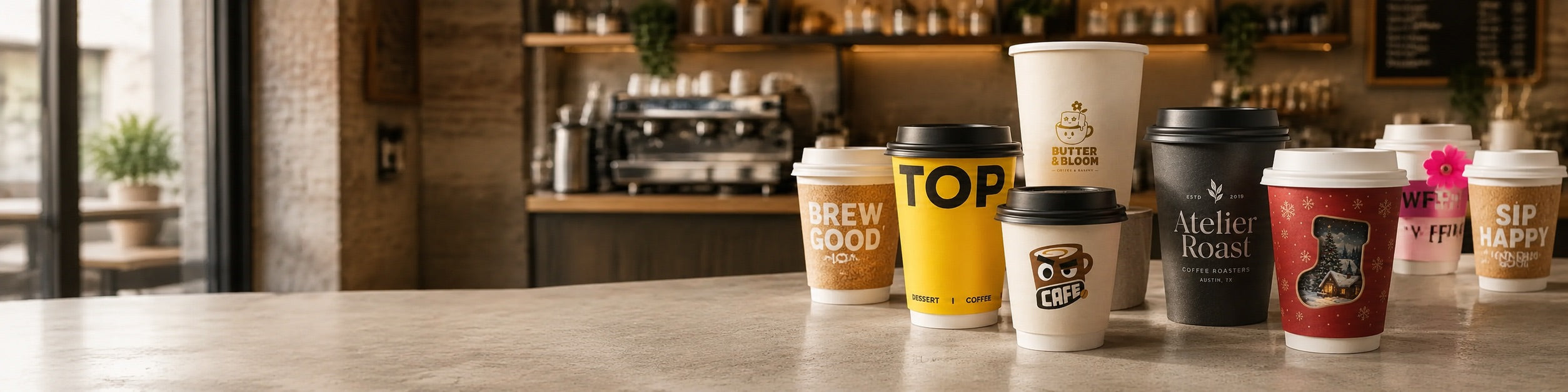 Custom printed hot paper cups and coffee cup lids arranged in a warm café