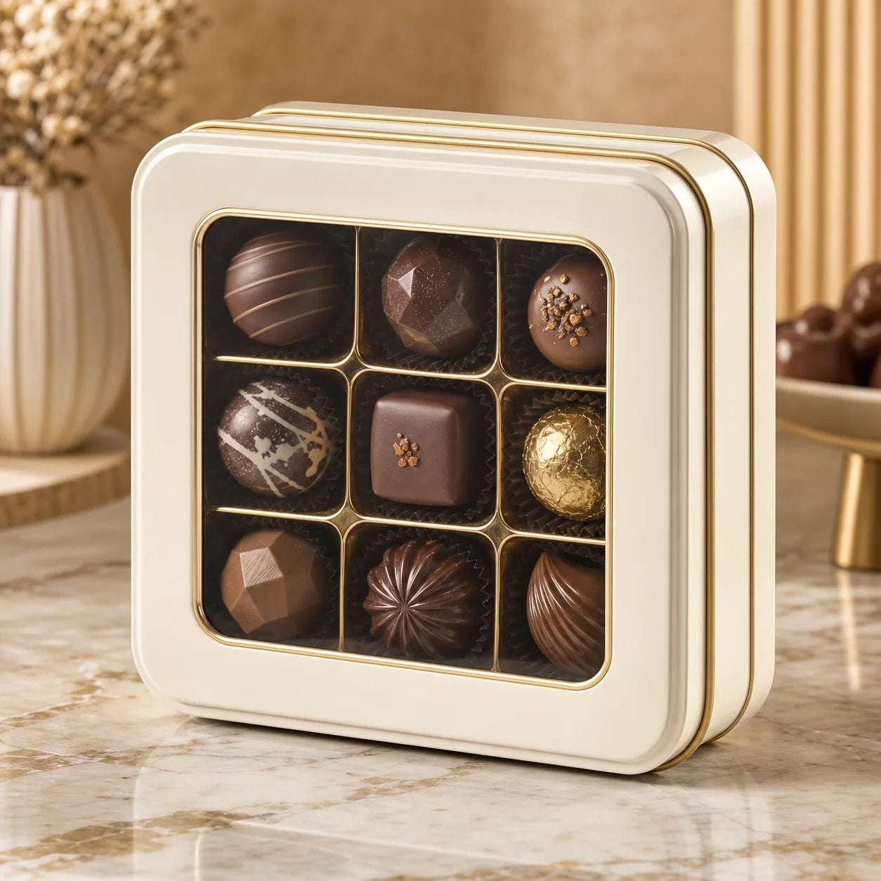 Window tin box filled with chocolates