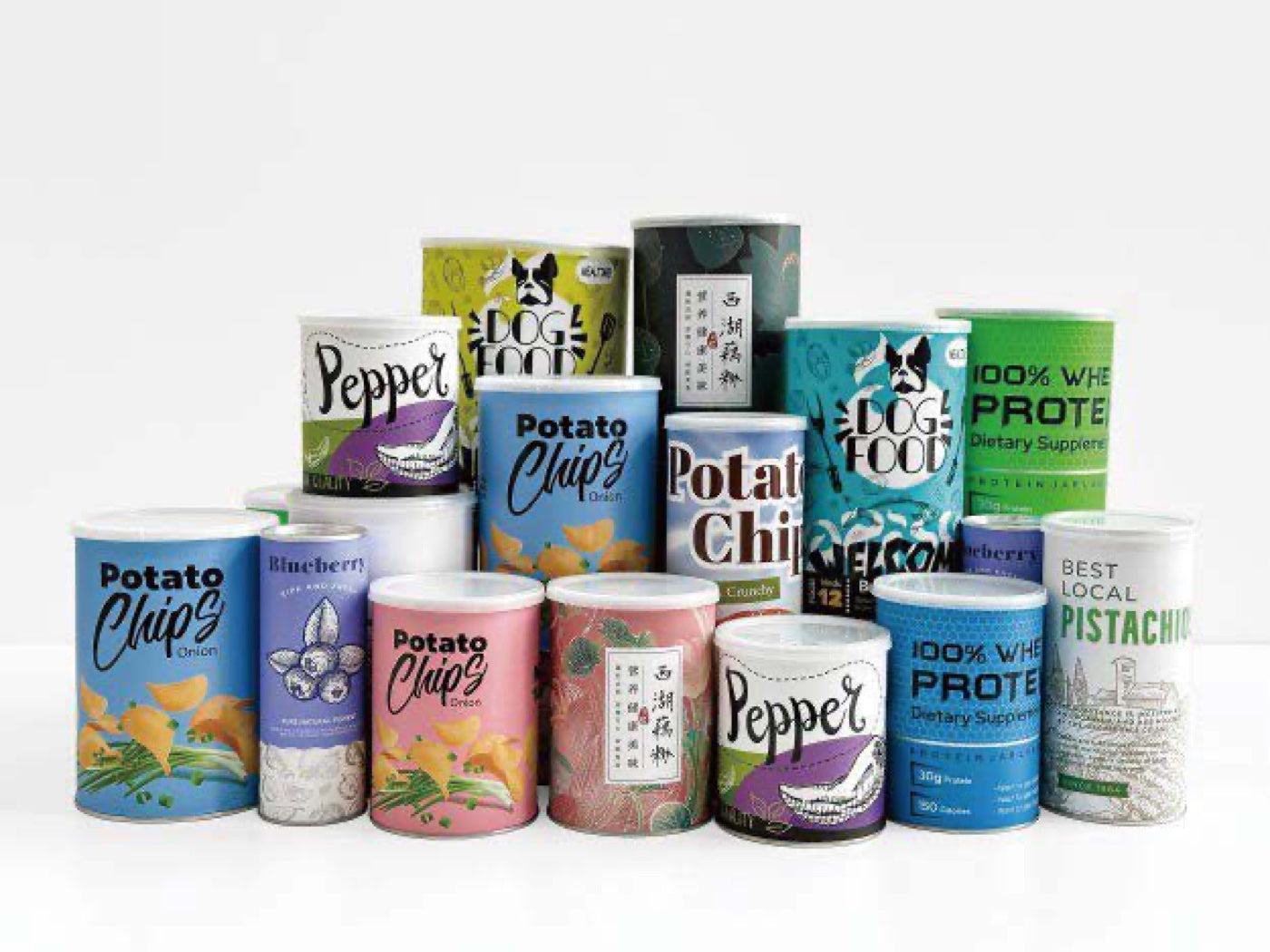 Assortment of custom printed paper tube packaging